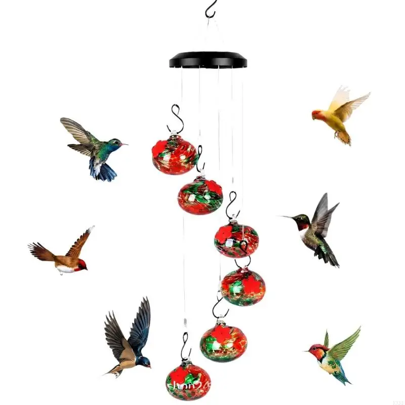 Outdoor Hanging Feeder for Hummingbirds with 6 Feeding Vessels, Red Removable Ports and Included Hook for Garden Display KXRE