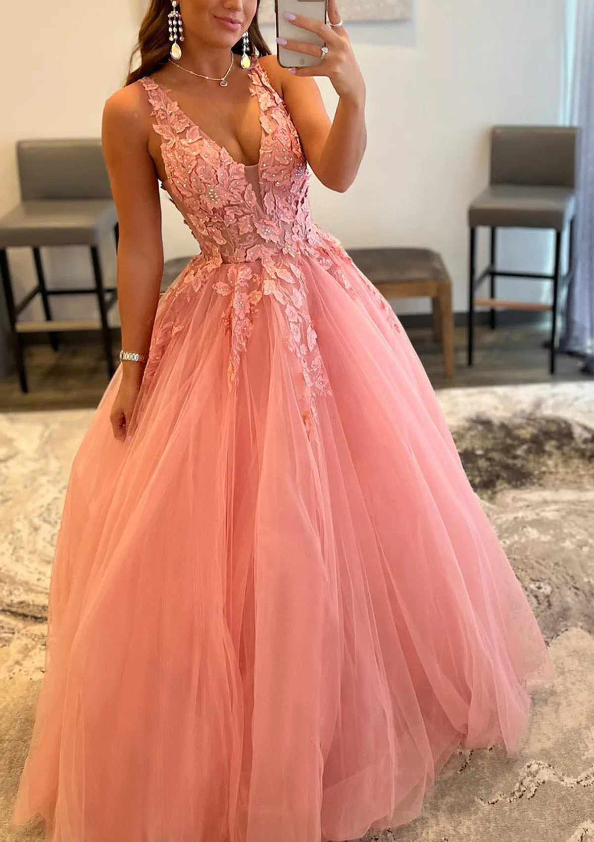 Pink Women's Prom Dresses A-Line Sexy V-neck Sleeveless Princess Evening Gowns Tulle Lace Decal 2023 Vestidos De Noche платье