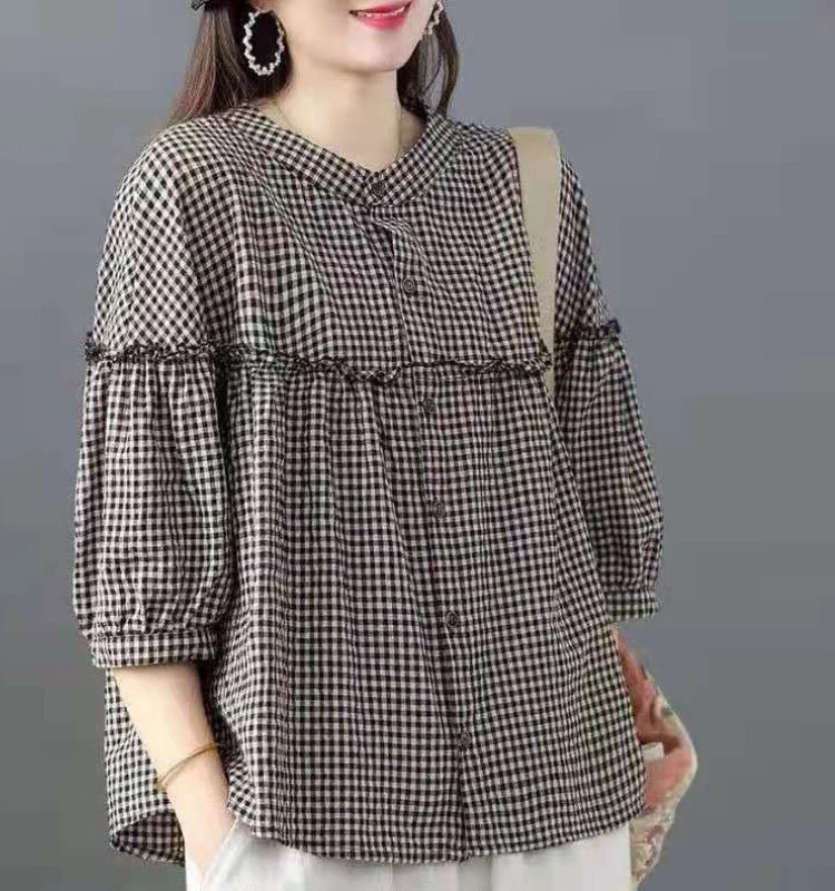Japanese Sle Loose Large Size Cotton Linen irt Women's Loose Fit Slimming Five Sve ains Cheered Button up Top