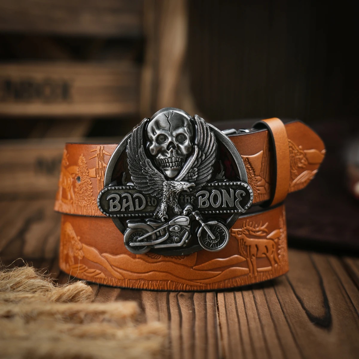 Western Cowboy PU Leather Belt - Men Waist Strap Bull Decoration Floral Engraved for Jeans