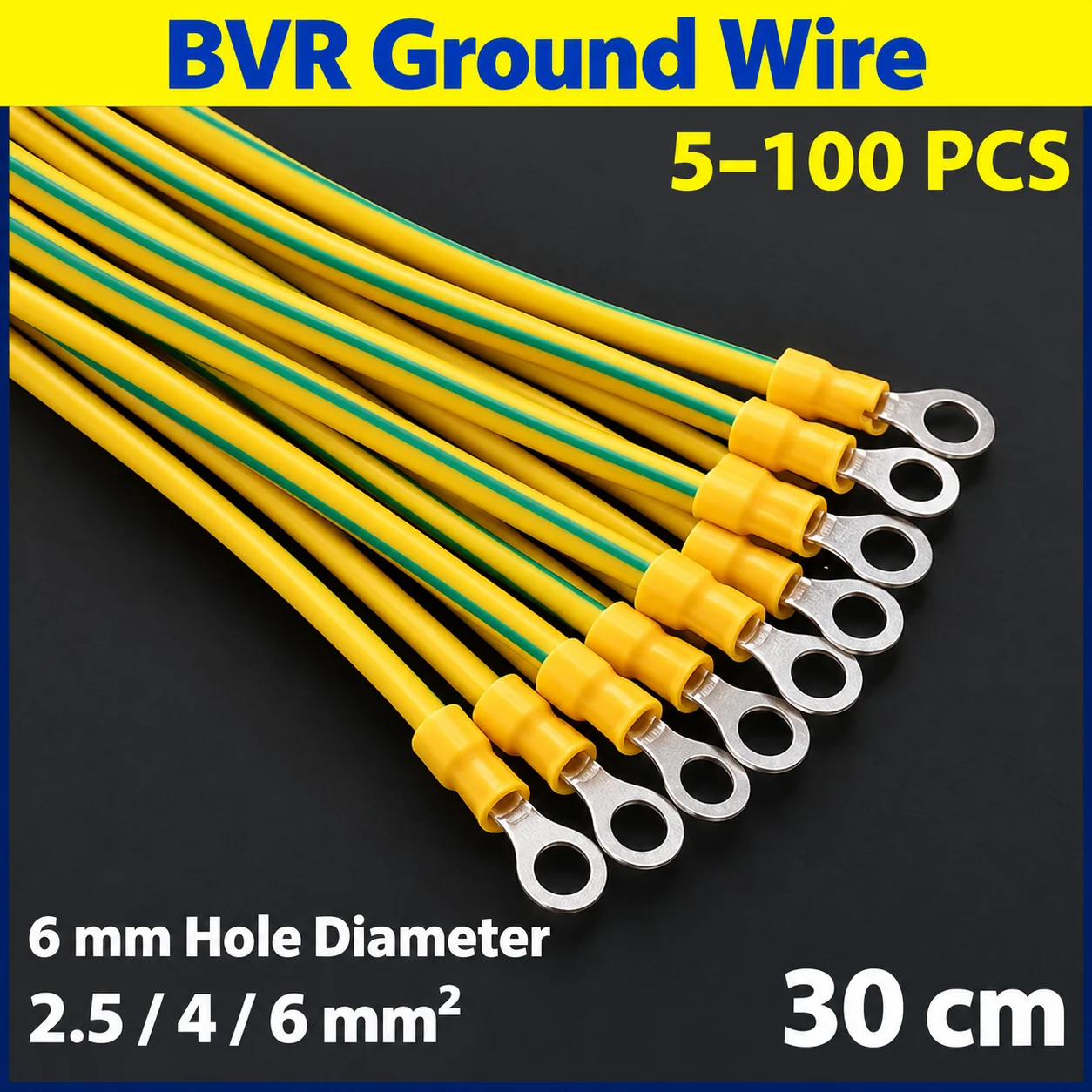 14/12/10AWG BVR Yellow Green Ground Cable 2.5/4/6mm2 Flexible Copper Earth Wire with 6mm Ring Terminal for Solar Panel PV System