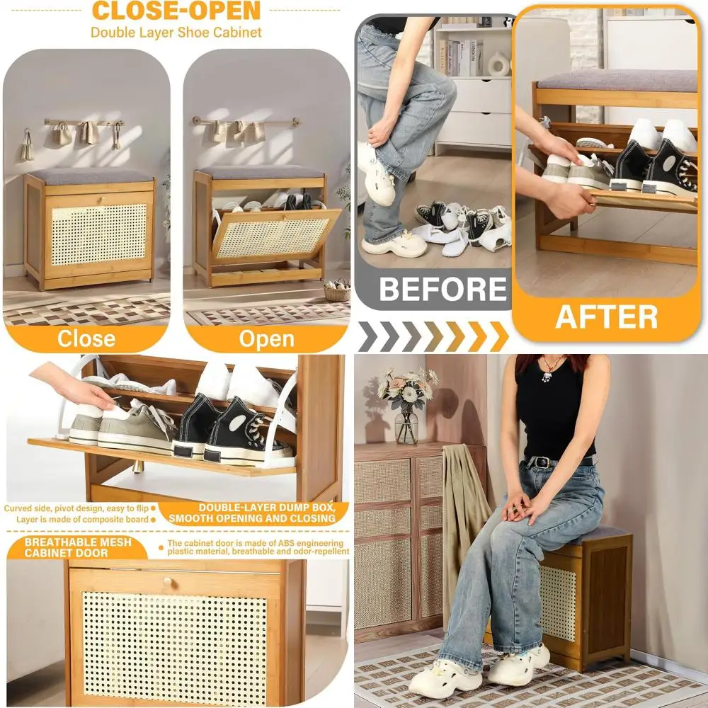 

Compact Rattan Shoe Rack Bench with Flip Drawers for Entryway, Rustic Oak Finish