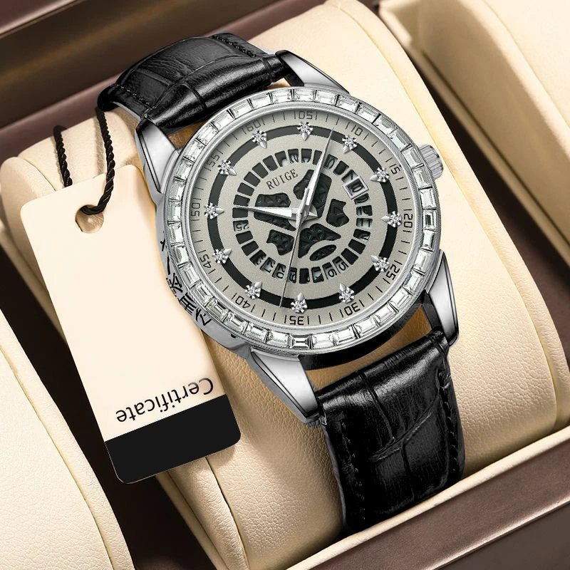 RUIGE Новые мужские часы из нержавеющей стали с кварцевым механизмом, водонепроницаемые, с подсветкой