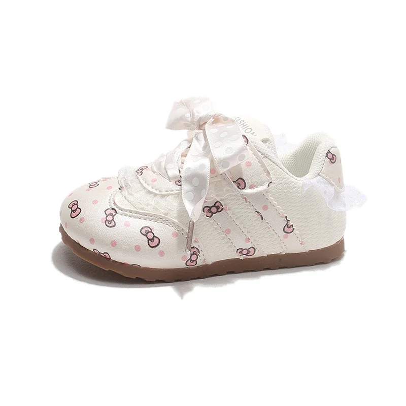 Toddler Baby Girls Soft Sole Shoes Bow Decor Lace Trim Hook And Loop Non‑slip Prewalker Shoes For Daily Indoor Outdoor