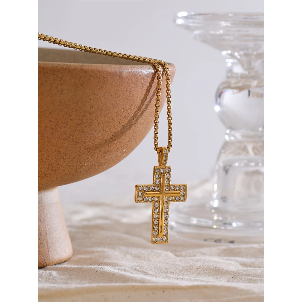 Yhpup 316L Cubic Zirconia Cross Necklace Pendant 18K Gold Color Plated Stainless Steel Fashion Classic Unisex Jewelry Men Women