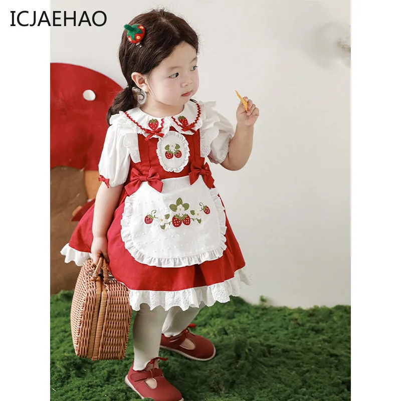 ICJAEHAO Kids Girl Lolita Strawberry Embroidery Dresses  Spanish Princess Elegant Parties Infant Easter Holiday Gowns Matching