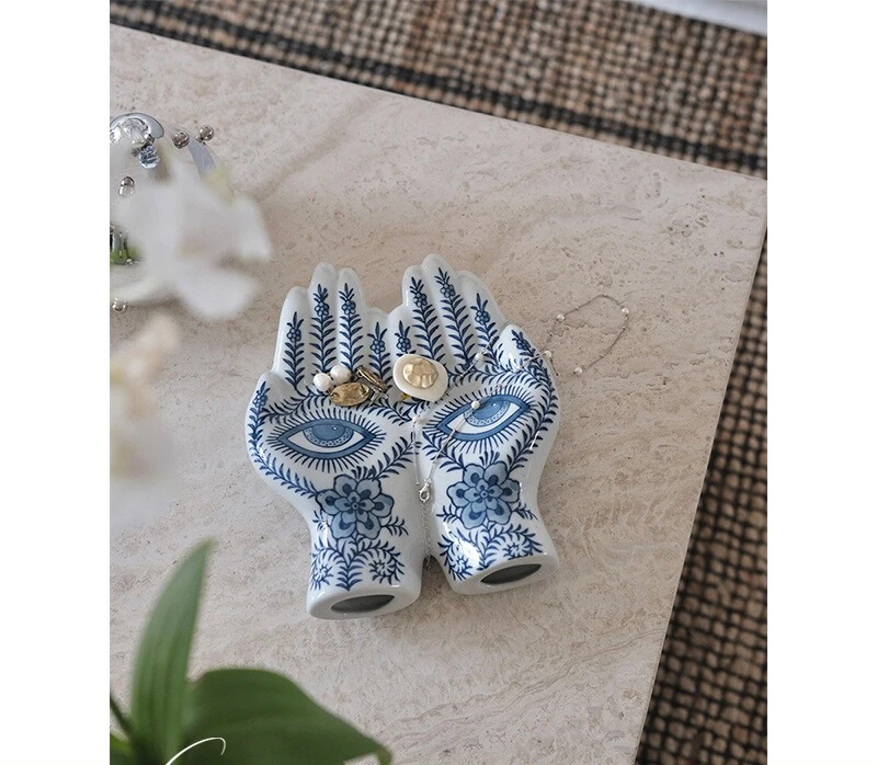 

Lucky Hand ceramic ornament, blue and white porcelain small sculpture living room desktop decoration