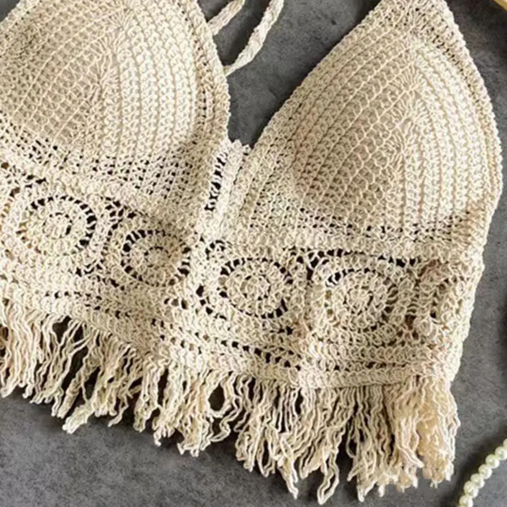 

Sexy Boho Beach Holiday Camisole Halter Women Crochet Knit Swimsuit Bra Backless Vest Hollow Tassel Tank Top Women's Crop Tops
