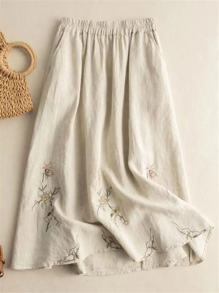 

Женская юбка трапециевидной формы средней длины из чистого хлопка с вышивкой, свободная посадка, универсальная длинная юбка с высокой талией, весна 2024