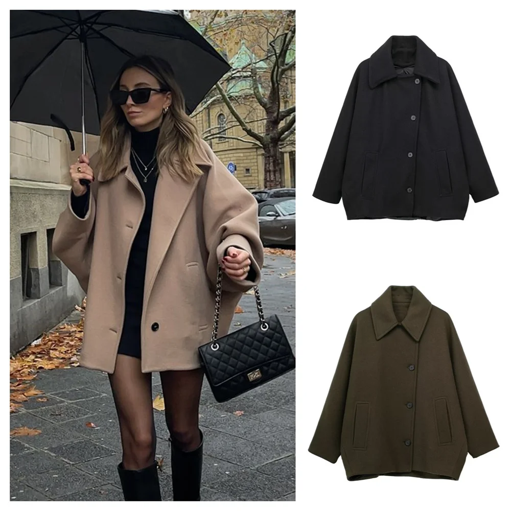 PB&ZA2024 Autumn New Women\'s Clothing Style Bat Sleeve Cotton Wool Blended Simple and Casual Versatile Loose Coat