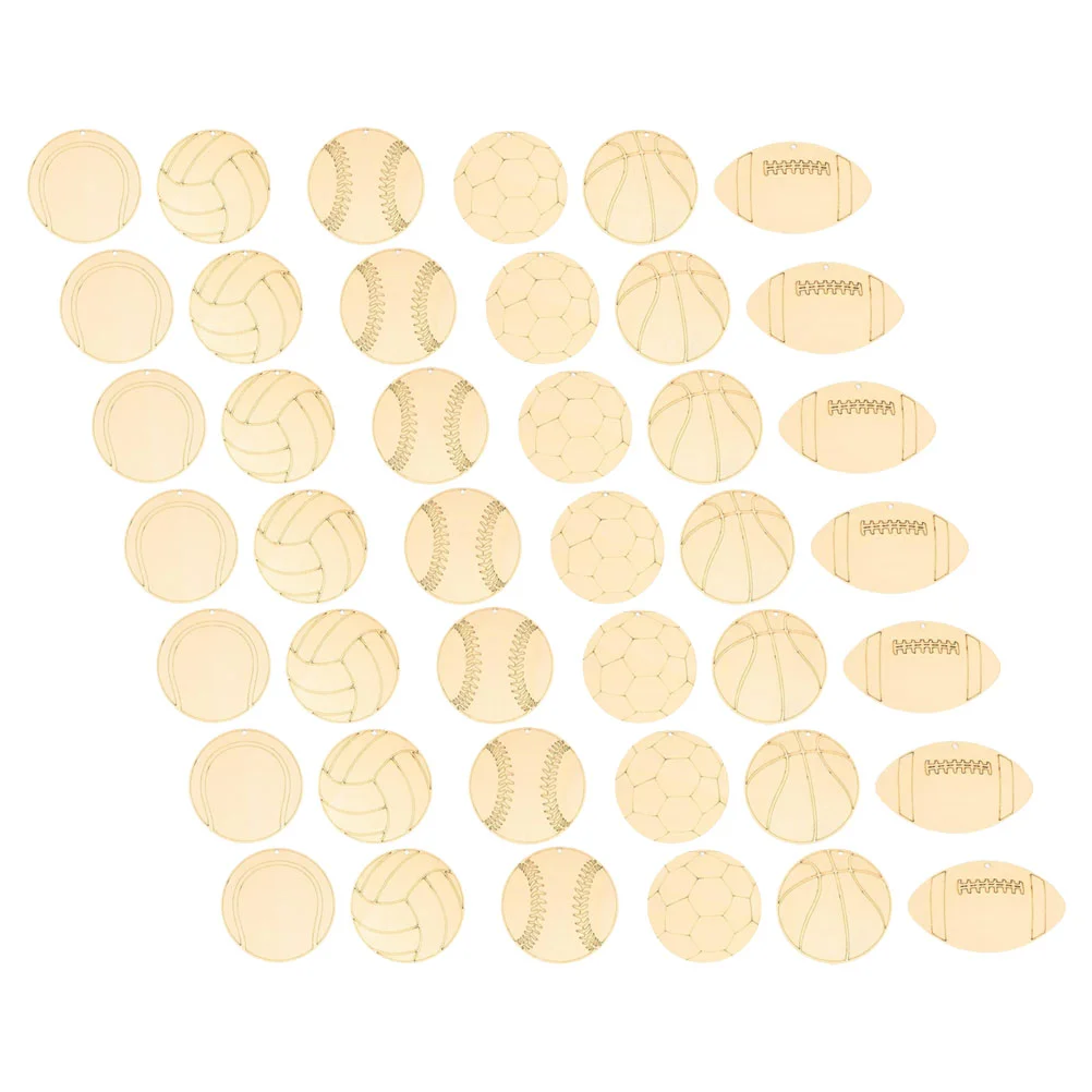 42 PCS Painting Graffiti Wood Chips DIY Wooden Slices Ornament Cutouts Baseball Sports Embellishments Rope