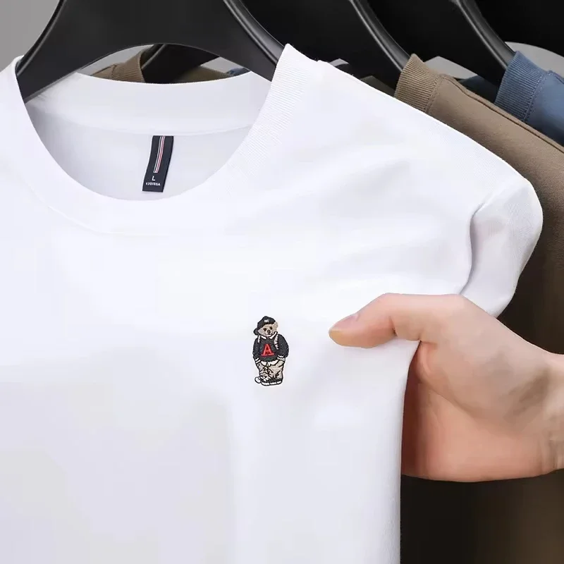 100% القطن الخالص الفاخرة العلامة التجارية تي شيرت رجالي 2024 صيف جديد البند الدب طباعة قصيرة الأكمام الكورية موضة عادية رائعة