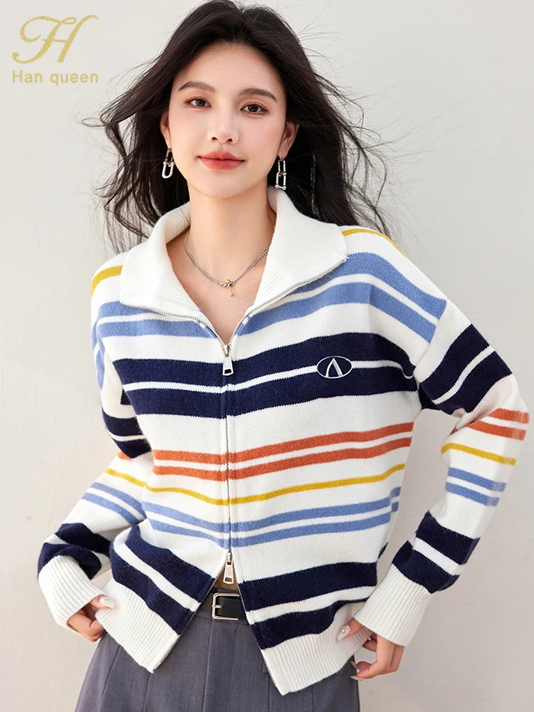 

H Han Queen 2024 Winter Vintage Color Blocking Stripes Knitted Cardigan Sweater Women's Tops Basic Long Sleeve Zippered Knitwear