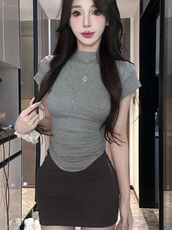 Sexy ey f Collo alto ort Sve T-shirt Estate da donna New Sle Thin Arc Bot Faionable Slim Fit Color Top