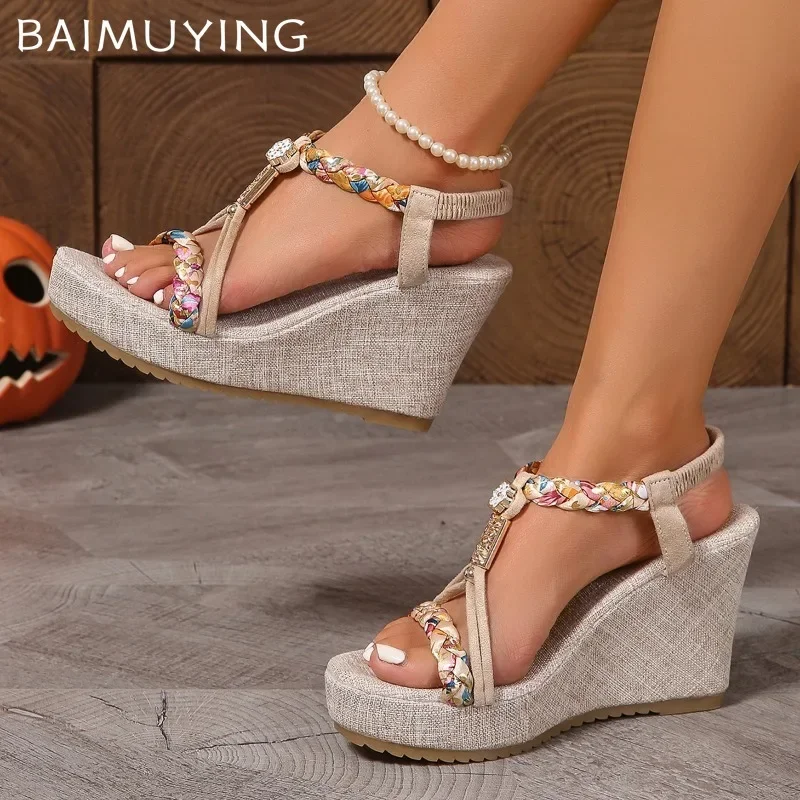 Wedges High Heels Women's Sandals Platform Weave Summer Shoes Fashion Pumps 2025 Trend Designer Dress Party Ladies Chaussures