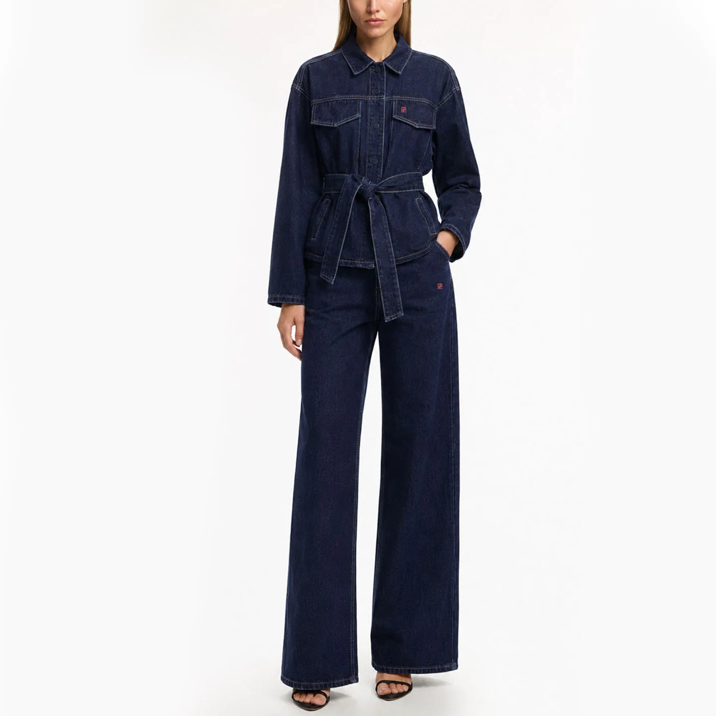 CH Damen Denim Zweiteiler: Langärmelige Jacke mit Gürtel und Weitbein-Jeans, Lässiger Street-Style Anzug für Damen, Herbst-Winter-Stil – Detail 2