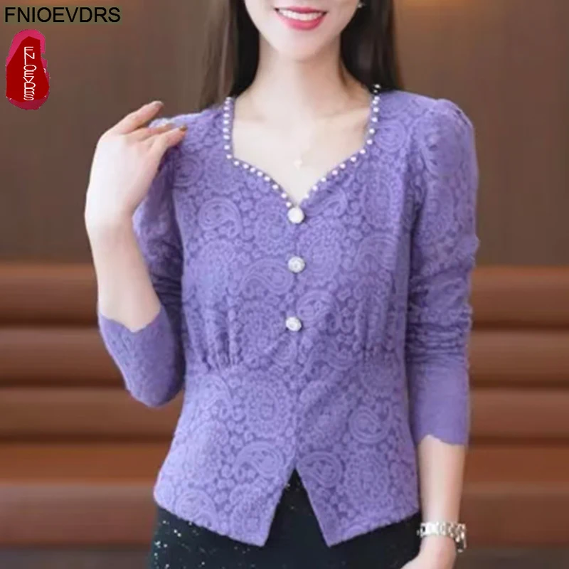 Hollow Out Crochet Lace Tops Blouses 2026 Spring Summer Office Lady Basics Shirts Retro Vintage Slim Elegant Beaded Peplum Top