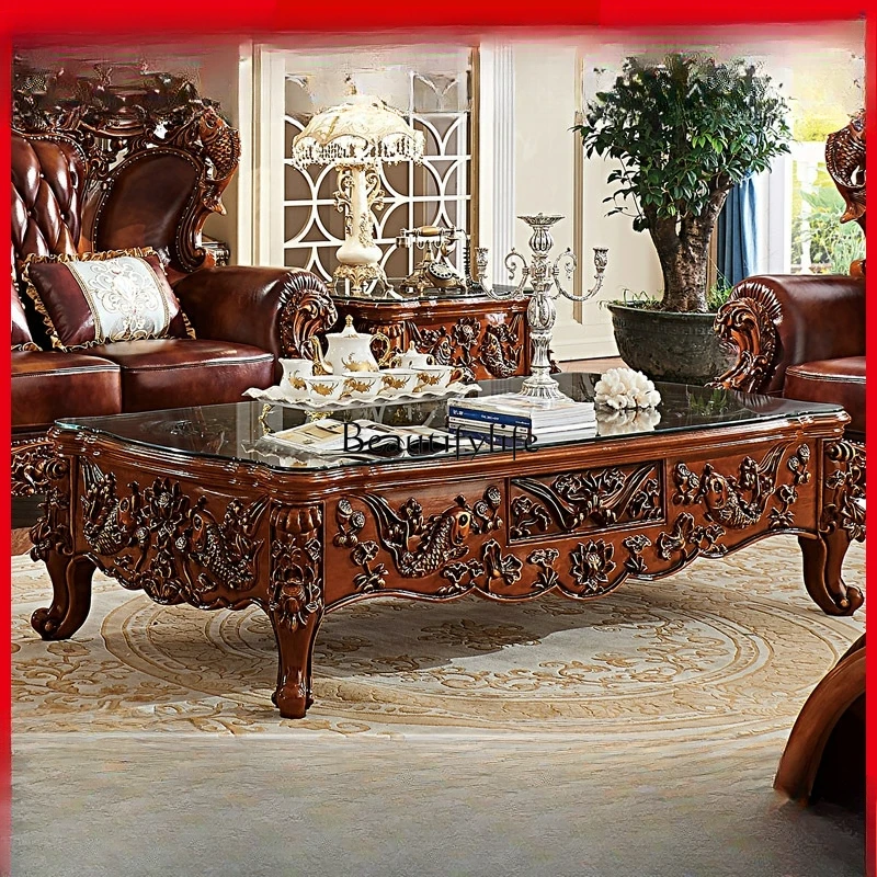 

European solid wood coffee table, carved solid wood surface with tempered glass Kung Fu tea table