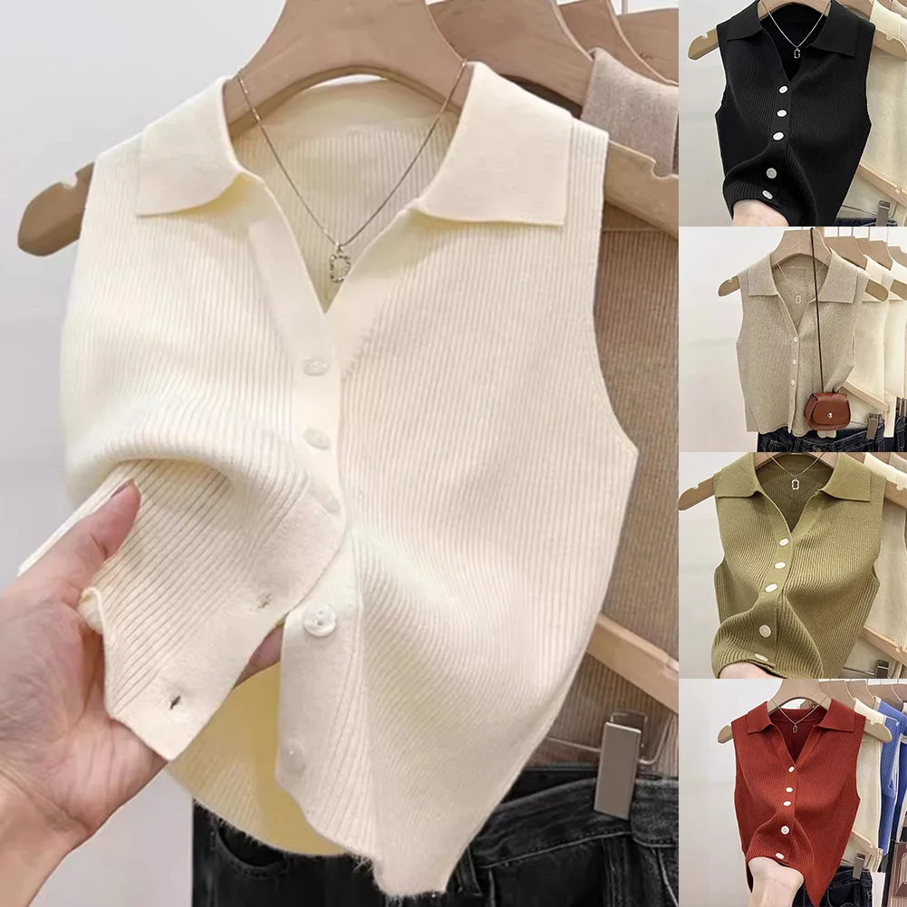 

Knitted Sleeveless Tank Top Featuring For Polo Collar for Women Designed with Slight Elasticity and Solid Color