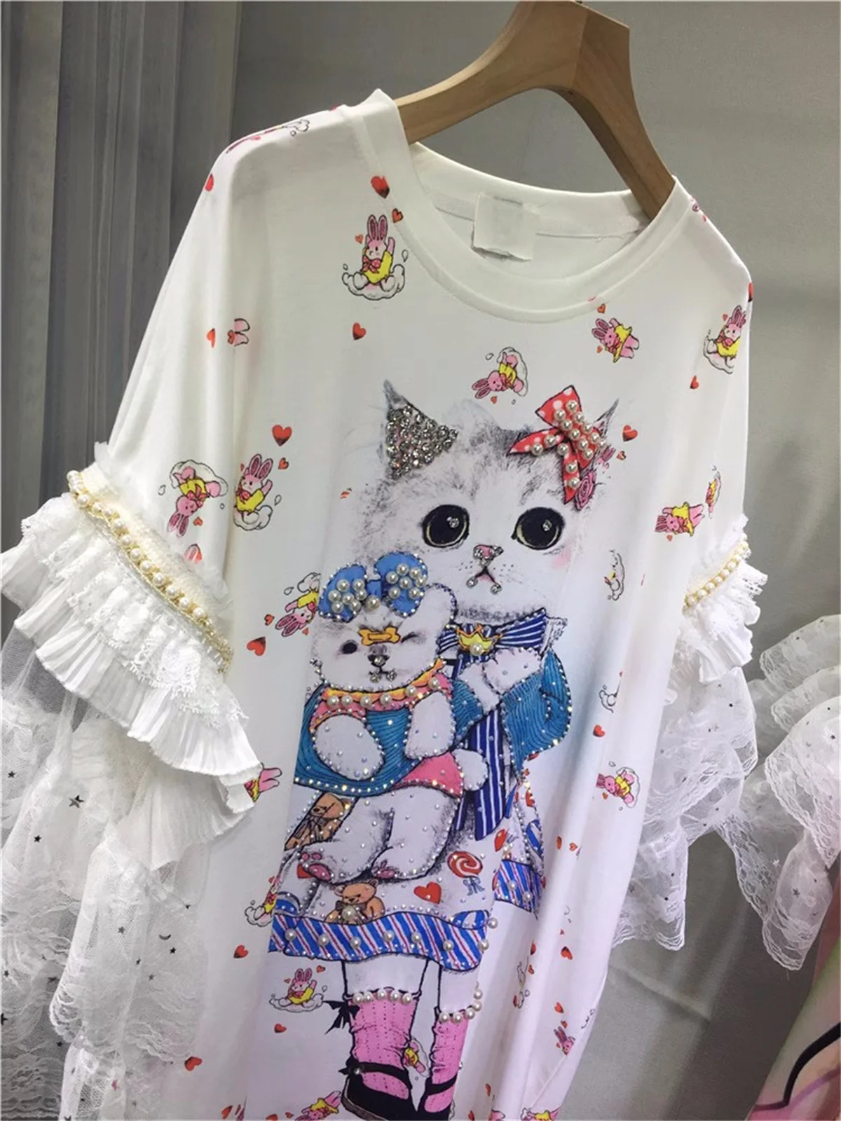 Japanese Sweet Loli Printing Cat Bear Cute Rabbit Cameo Pearls Lace Ruffle Fashion Comfortable Summer Soft Cotton T-shirt