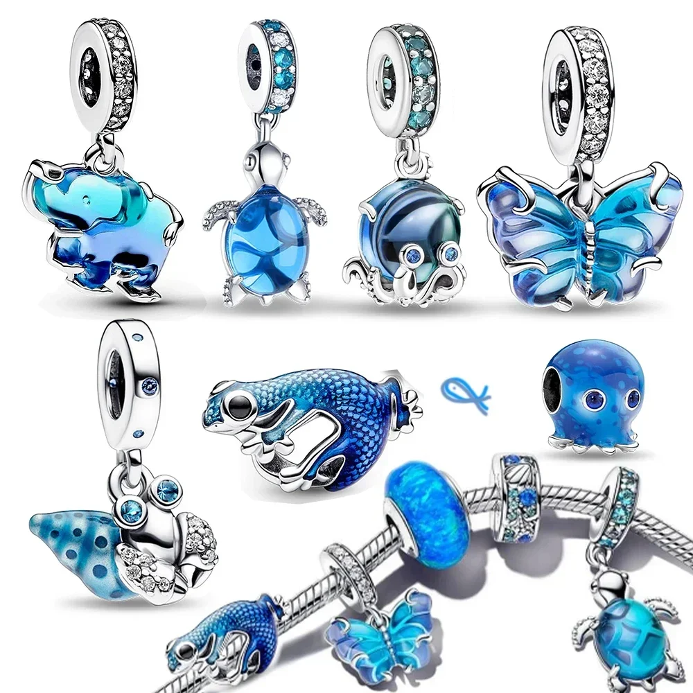 Charms 925 Sterling Silver Gradient Blue Glass Ocean Series Big Lucky Elephant Fit Pandora Bracelet Diy Jewelry Making Gift