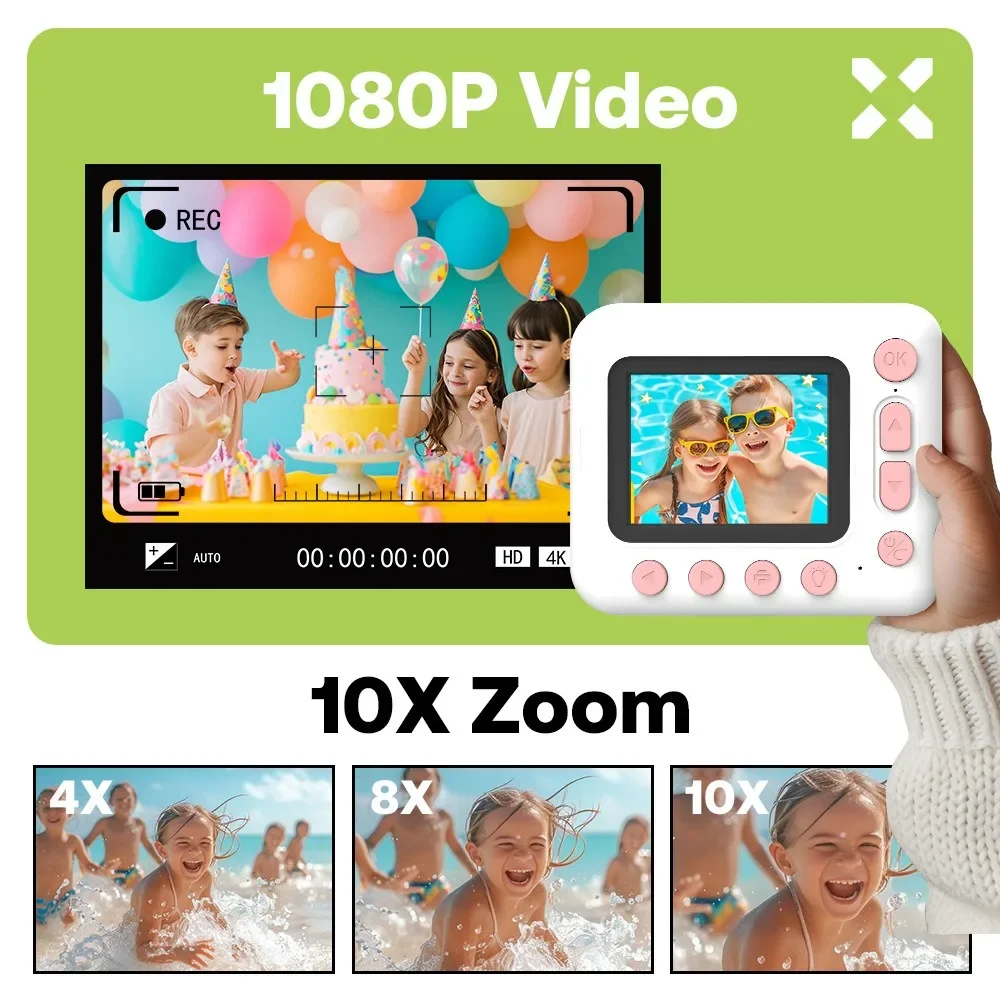 Instant Print Digital Camera Set para Crianças, 1080P, 2.4 "Screen, Zoom 10X, Vídeo Foto, Criança, Aniversário, Presentes Festival