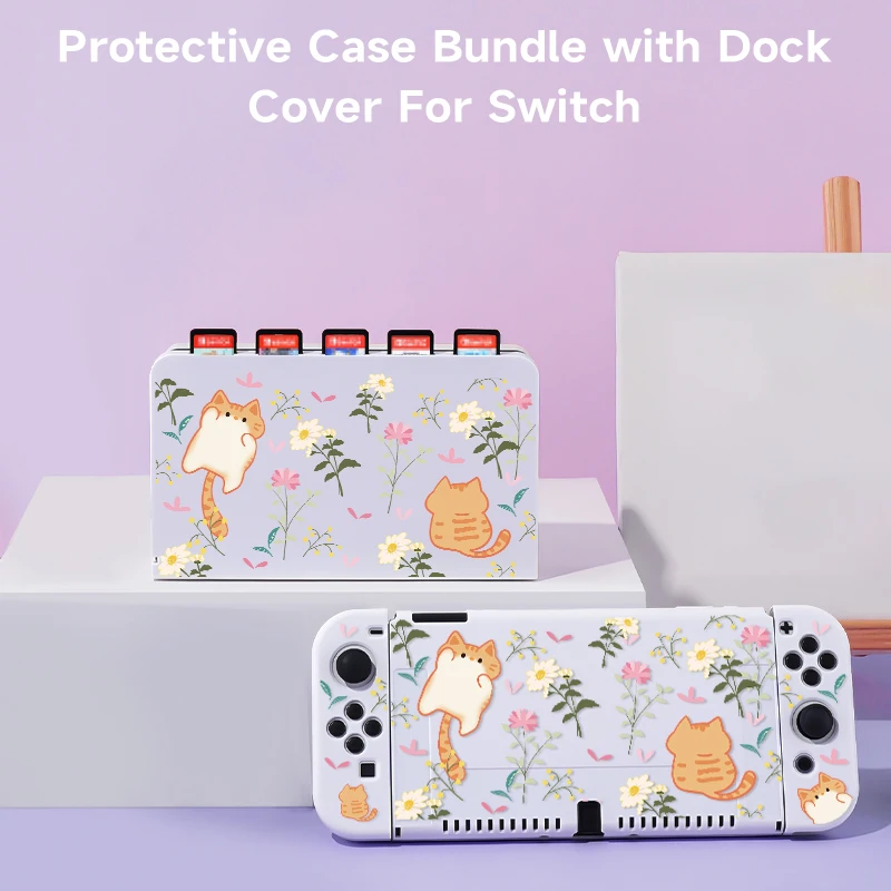 2 Pcs Orange Cat and Flower  Theme Pattern Protective Case with Base Cover Set for Switch OLED/Switch NS, Can Store 5 Game Cards