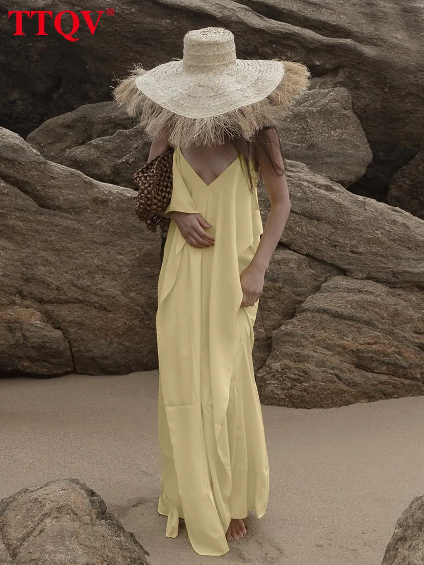 

TTQV Summer Loose Yellow Satin Women's Dress 2026 Sexy Strap Sleeveless Maxi Dresses Lady Elegant Classic Ruffles Female Dress