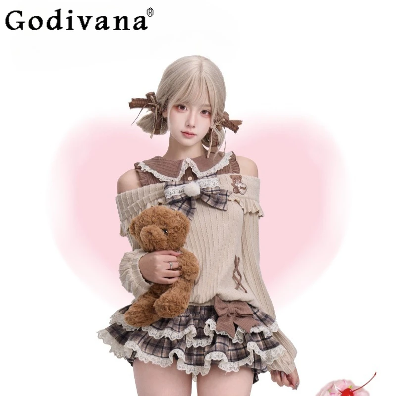 

Knitted Top Coffee Color Cake Skirt Set with Bowknot Women's Japanese Style Sweet Lolita Suits Female Street Wear Outfits