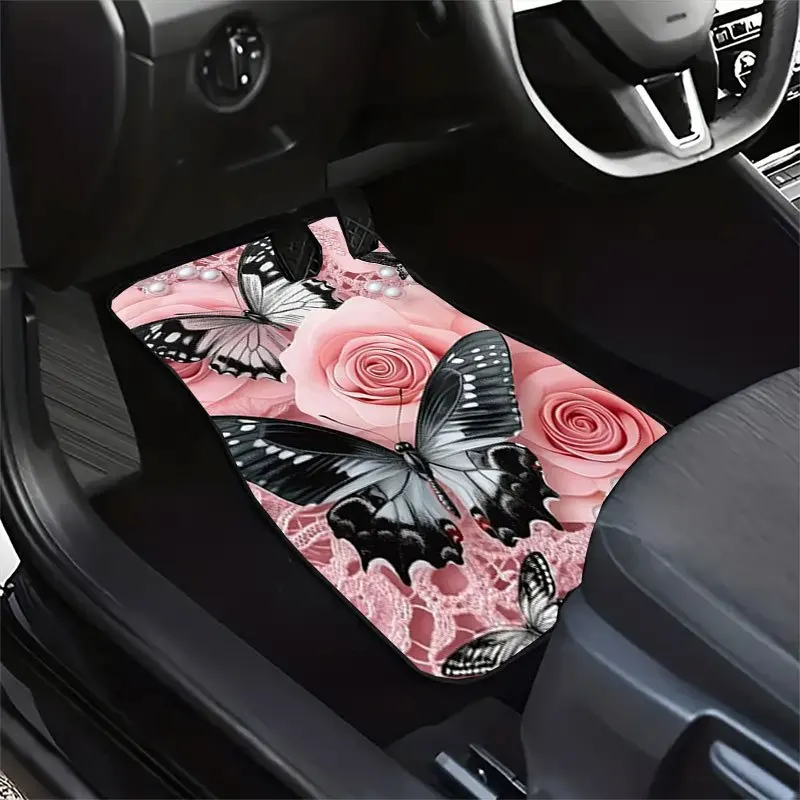 4pcs Elegant Pink Black Rose Butterfly Car Floor Mats Set Soft Pastel Pink Golden Interior Decor Ideal Car Accessories Gift view 5