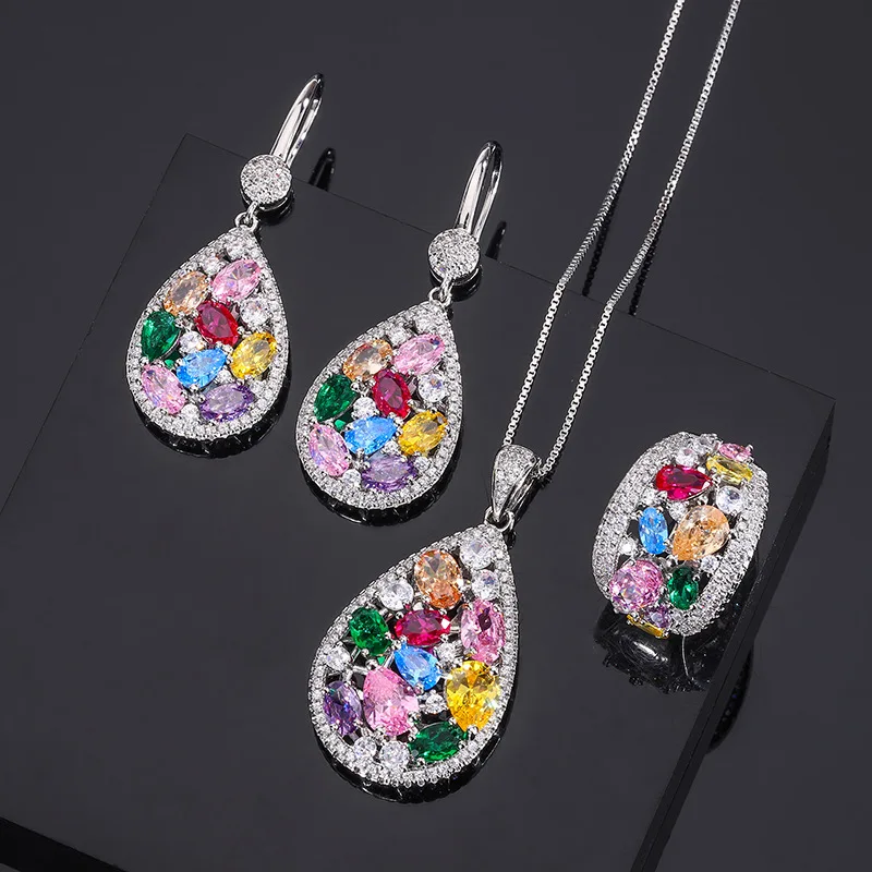 

Jewelry Set Rainbow Water Drop Gemstone Necklace for Women European and American Style Colorful Tourmaline Earrings Zircon Ring