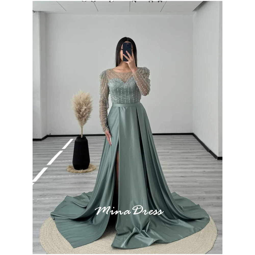 

Mina Long Sleeves Arabic Evening Dress Luxury Elegant Slit Prom Dresses for Special Occasions Customized Beads Belt Party Woman