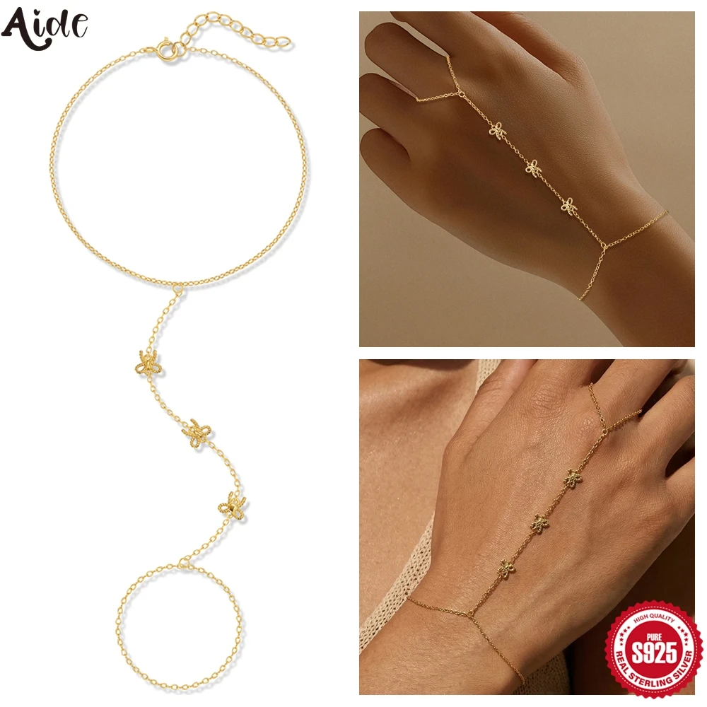 

Aide S925 Sterling Silver Minimalist Hand Bracelet ainty Floral Linked Finger Ring Hand Chain for Women Office & Party Wear