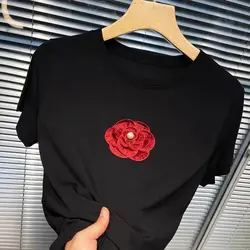 2024 Summer Cotton Short Sleeve T-shirt Women Luxury Designer round Neck Flower Embroidery Loose Slimming Top Women's Clothes