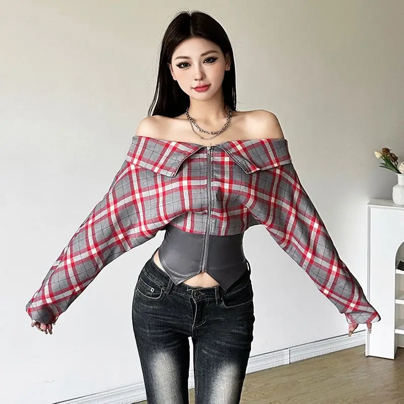 Korejepo Retro Plaid Coats Design Sense Wear Lapel Collar High Street One Word Collar Waist Slim Long Sleeved Jacket Women