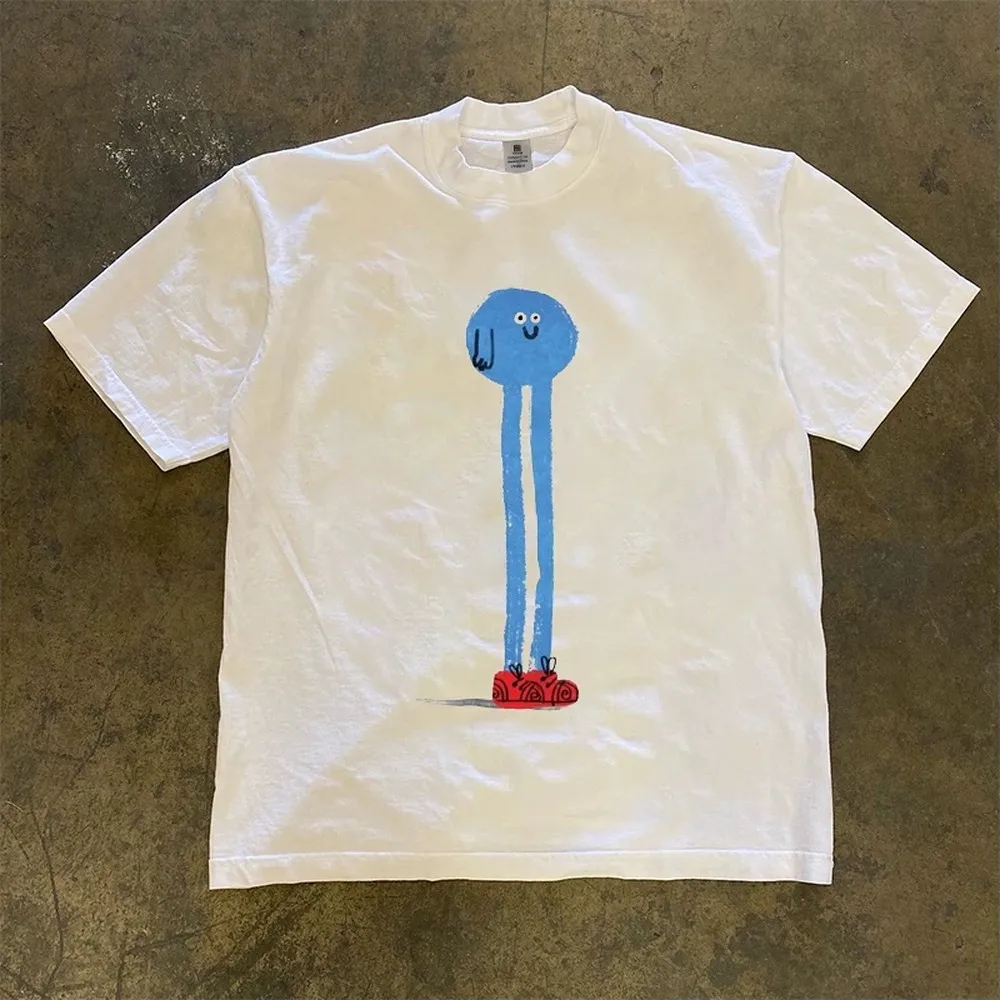 2026 Hot Trend Minimal Doodle Long Thin Leg Round Head Cartoon Man With Red Shoes Front Print T Shirt Simple Sketch Funny Cute Character Unisex Oversized Heavyweight Cotton Daily Leisure Short Sleeve Tops