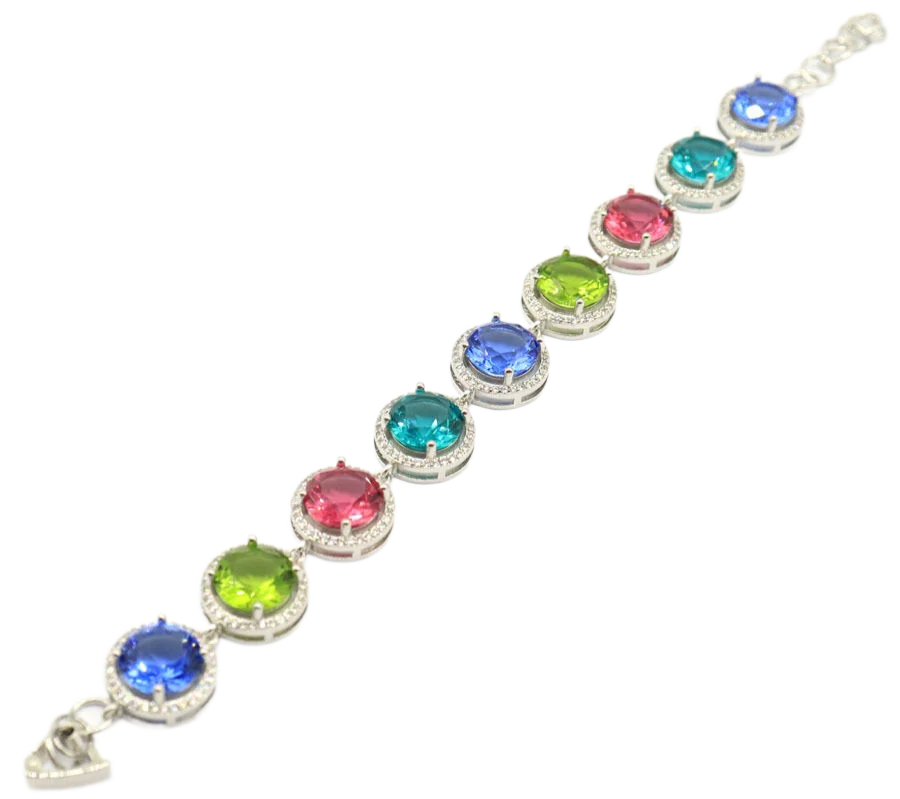 14x14mm Multi Color 21g Peridot Tanzanite Aquamarine Pink Tourmaline CZ Women Wedding Gold Silver Bracelet 7-8.0inch