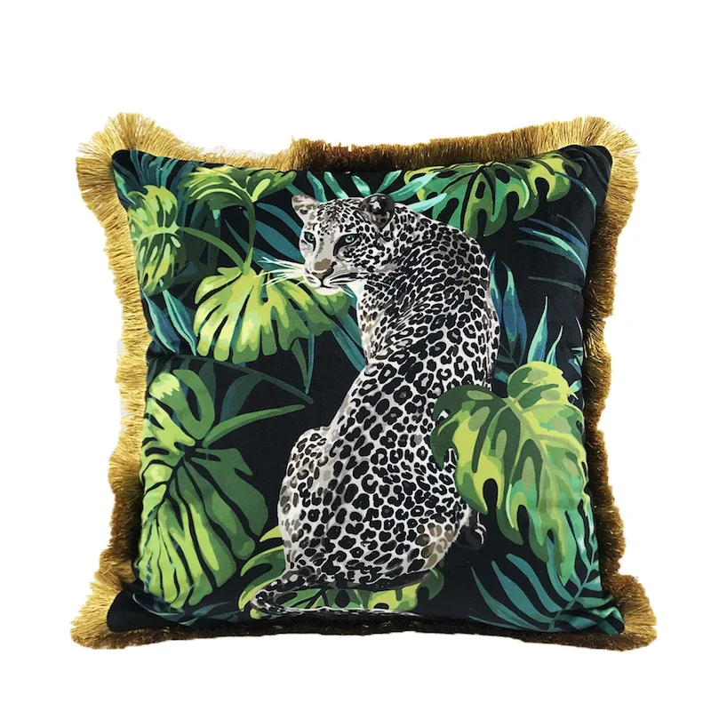 Jungle Animal Cushions Decorative Pillows Vintage Tropical Monkey Leopard Luxury Gold Green Sofa Chair Cousins Decor