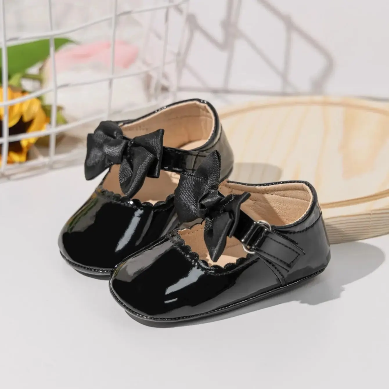 Meckior 2024 Baby Girl Lace Princess Shoes Simple Buckle Patent Leather Shoes Rubber Anti Slip Outdoor Toddlers Girls Shoes