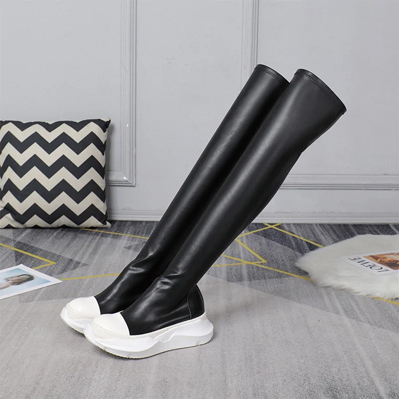 Women Over Knee High Boots PU Leather Platform Luxury Trainers Casual Sneaker High-TOP Spring Autumn Flats Black Shoes