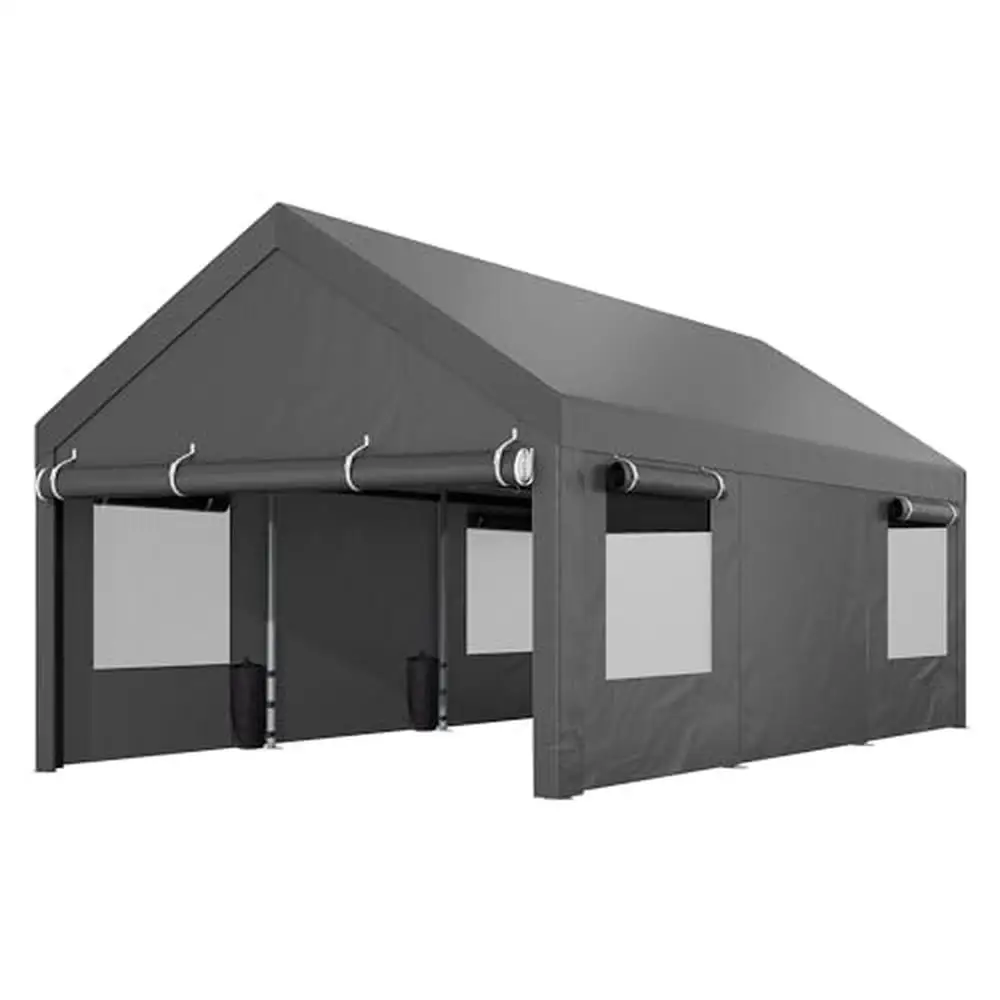 10x18.5ft Portable Heavy Duty Carport Garage Removable Sidewalls Doors Ventilated Windows All-Season Tarp UV Resistant Strong