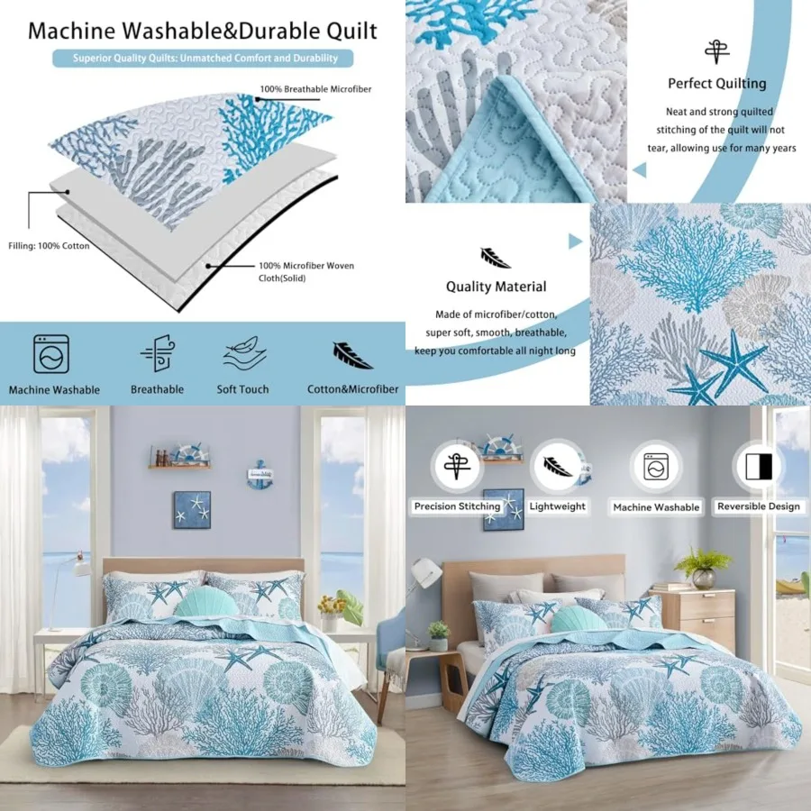 

3 Pcs Coastal Quilt Sets Size - Reversible Microfiber Quilts with 2 Shams Soft Lightweight Beach Bedding Nautical Bedspread Cov