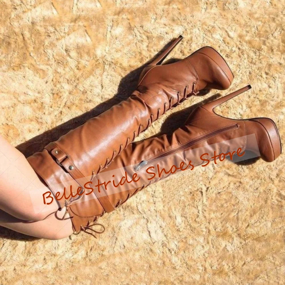 

Brown Side Zipper Lace up Boots Matte Leather Women Shoes Stilettos High Heels Party Banquet Dating 2025 Zapatos Para Mujere