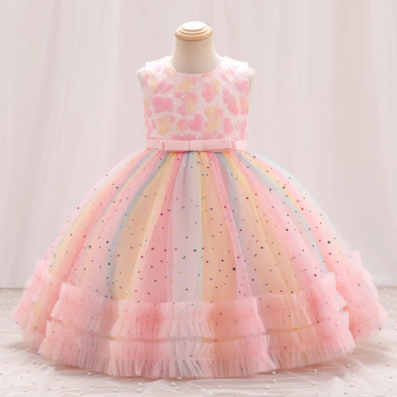 

2026 New Girl Embroidered Star Sequin Rainbow Mesh Sleeveless Dress Christmas Birthday Party Evening Dress for 1-10 Years Girl