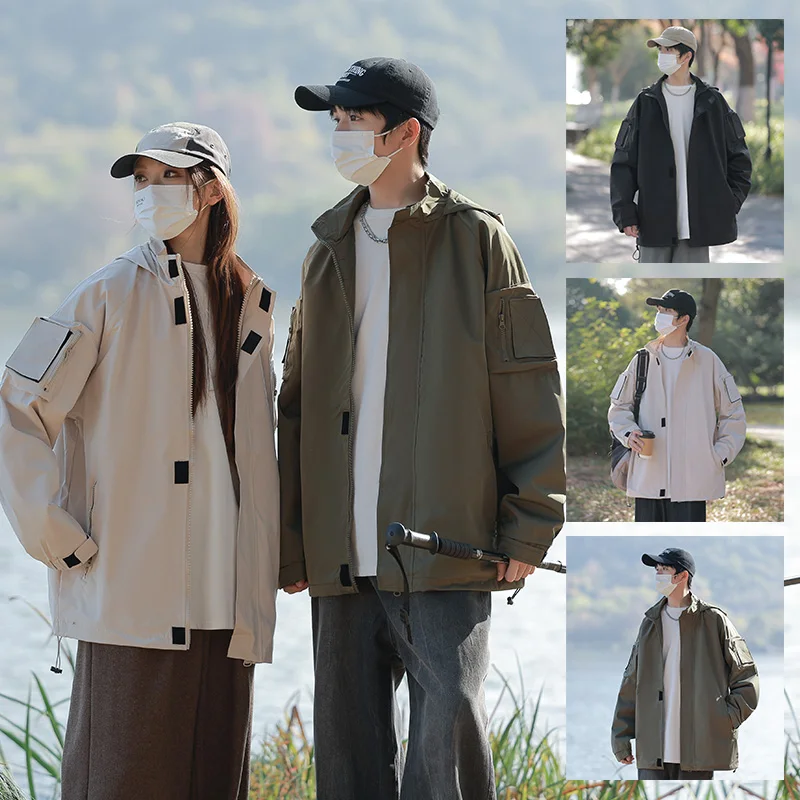 

High Street Hooded Windbreaker Jacket Women Autumn Outdoor Climbing Suit Casual Outerwear Jackets for Men Women Hiking Camping