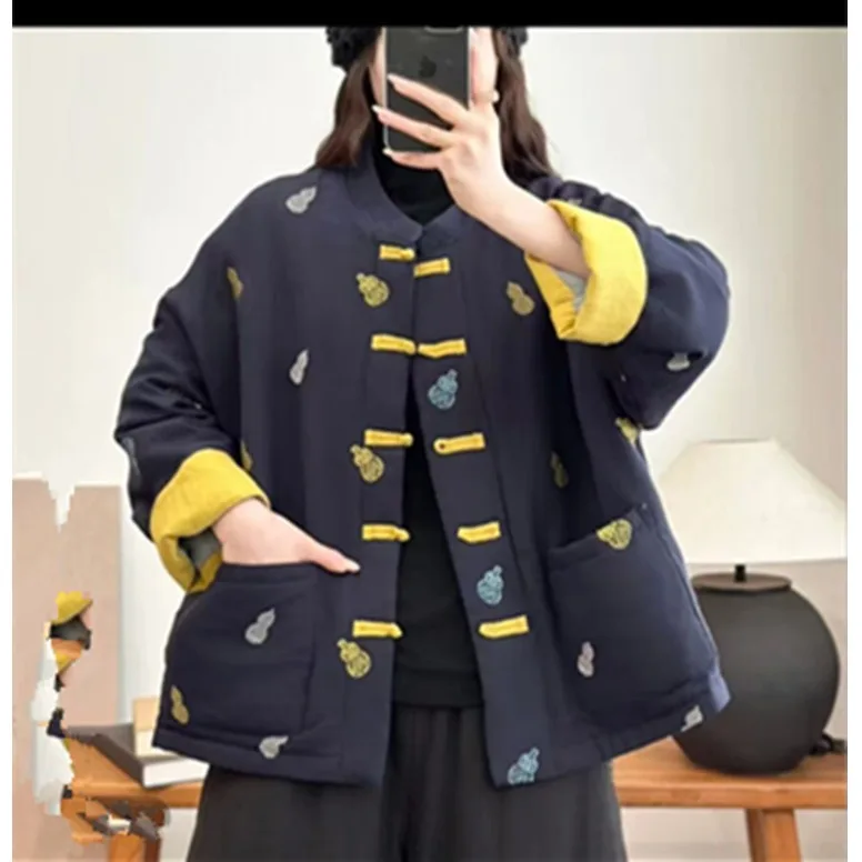 

Элегантная хлопковая куртка с тяжелой вышивкой, модная универсальная зимняя верхняя одежда больших размеров для женщин, омолаживающая элитная одежда