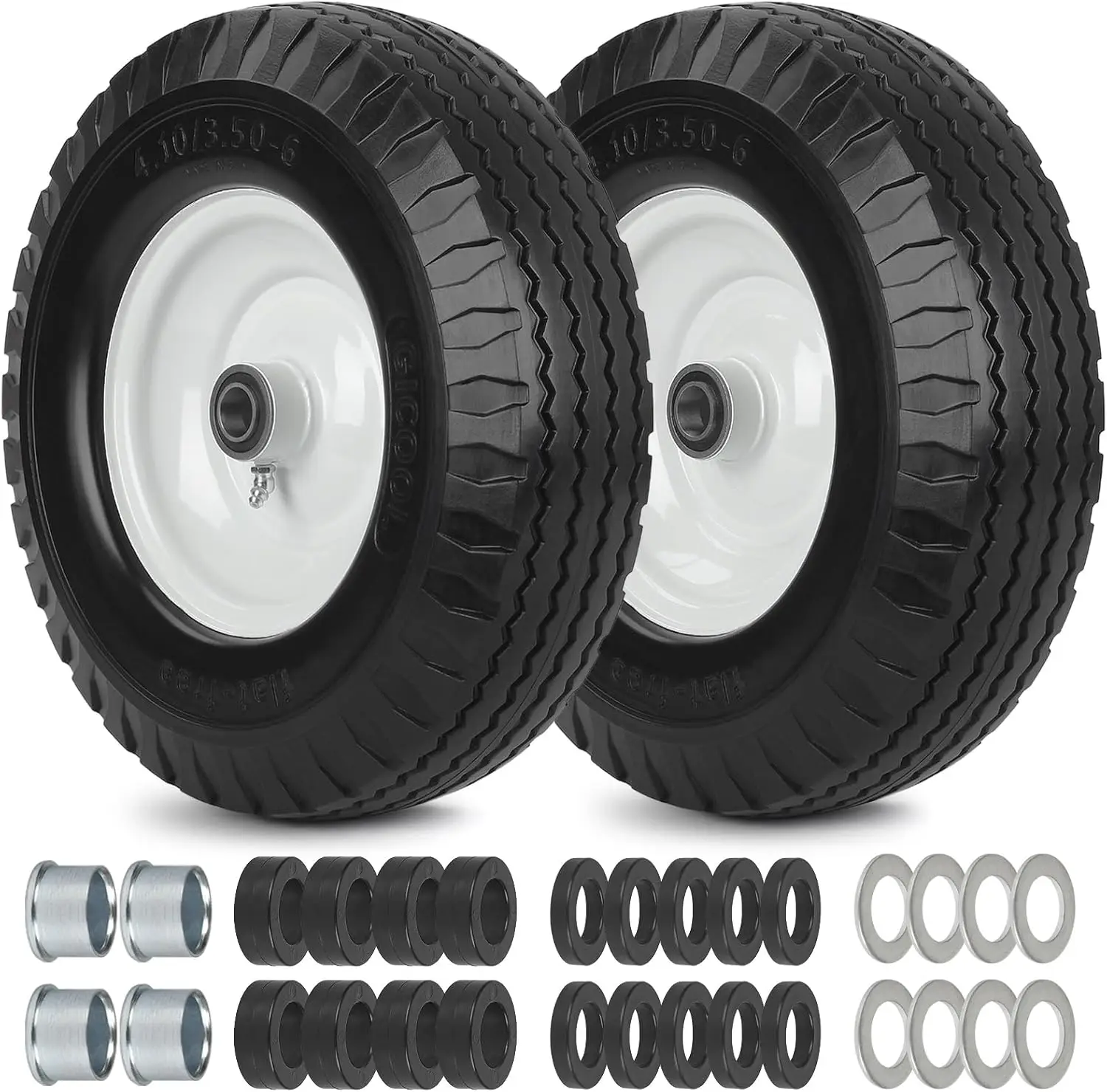 

4.10/3.50-6 Flat Free Tire and Wheel Set with Adjustable Hub and Bearings, Replacement for Wheelbarrow and Hand Truck (2 Pack)