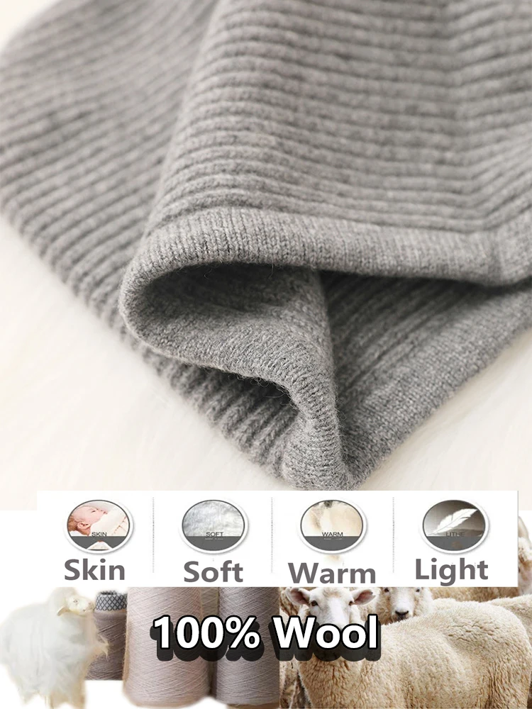 100%Wool Hooded Drawstring Balaclava Hat Women Winter Autumn Soft Warm Neck Scarf Fashion False Collar Wollen Beanies Cap Men