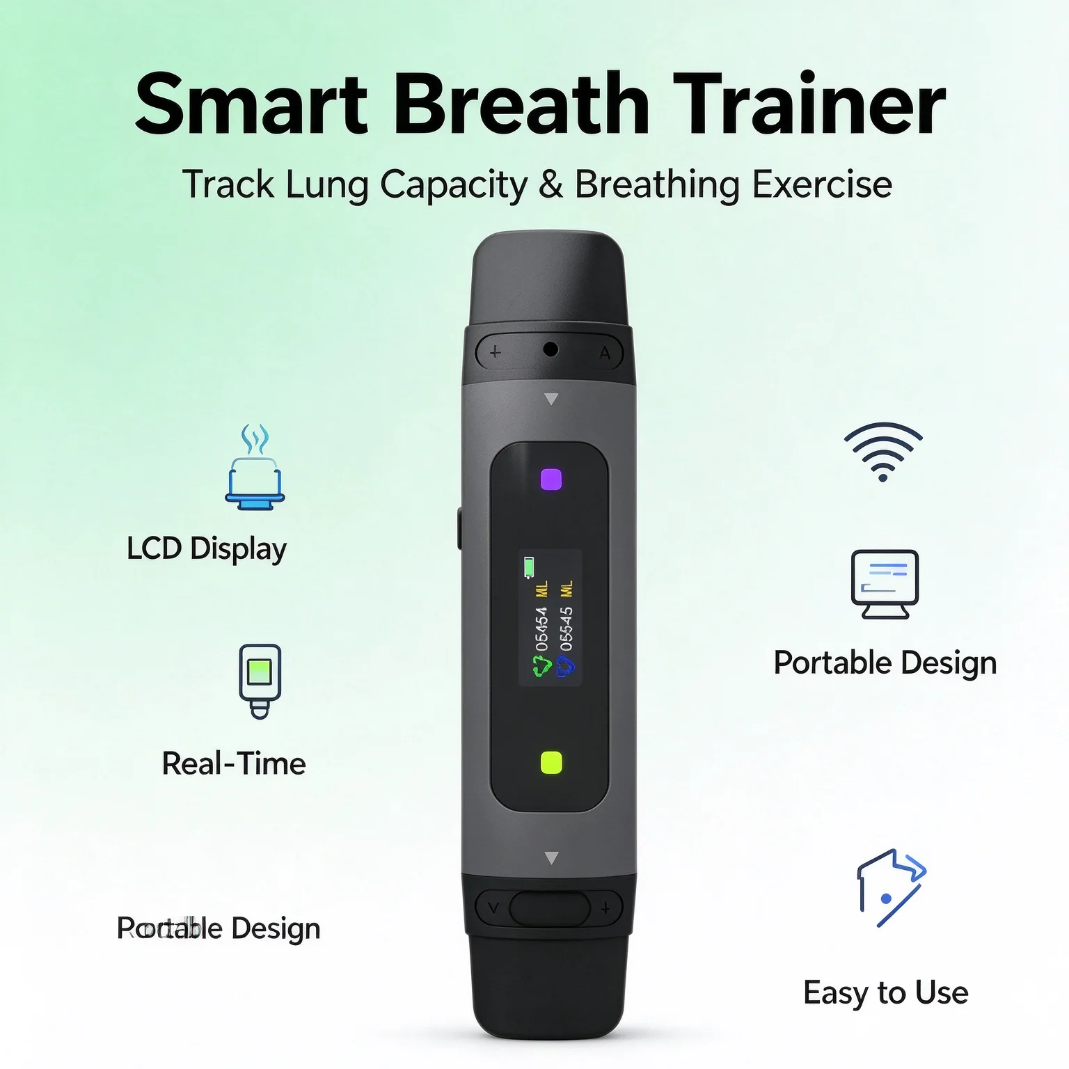 English: Portable Breath Trainer Lung Capacity Tester, Abdominal Breathing Exerciser Device for Yoga, Mindfulness Meditation, Re