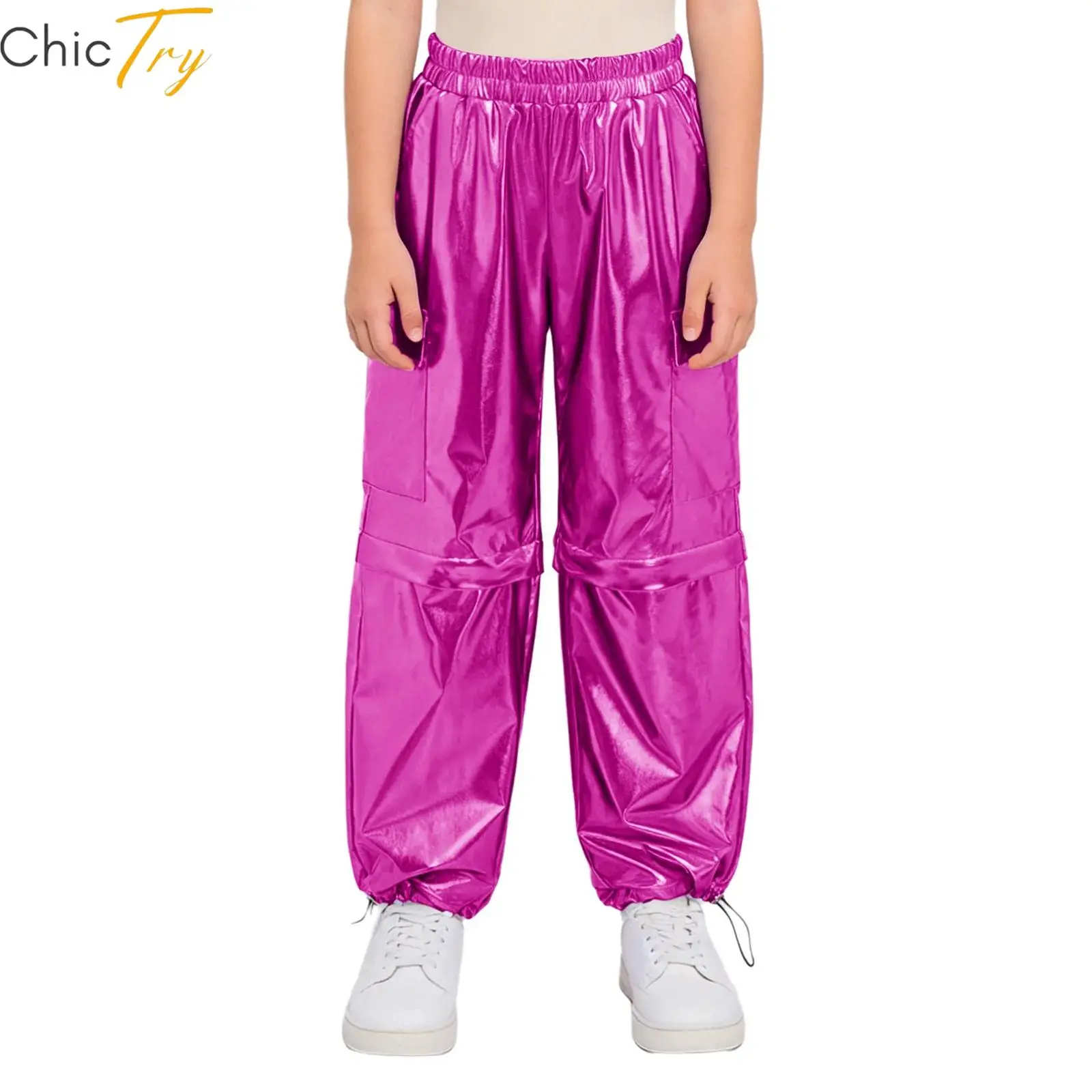 

Kids Boys Girls Metallic Cargo Pants Elastic Waistband Drawstring Leg Openings Trousers for Competition Dance